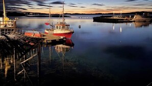 Un port tranquille, avec des bateaux amarrés, une jetée et un ciel dégagé.