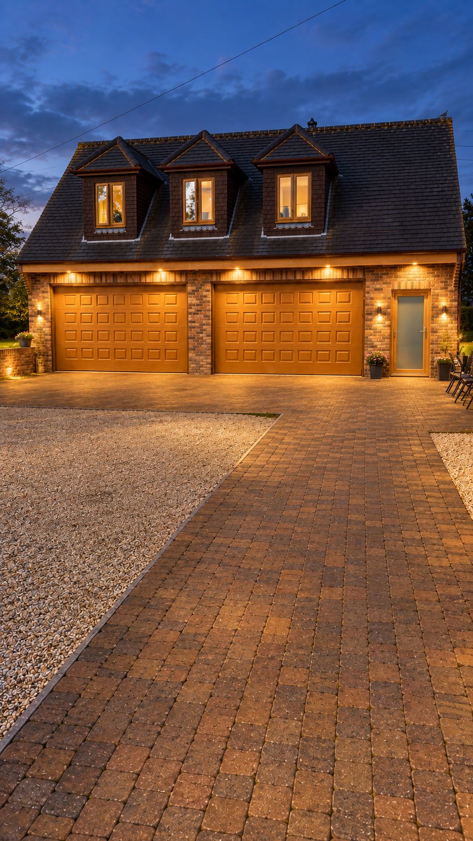 Une maison à deux étages avec une façade en briques, deux portes de garage et une allée gravillonnée.