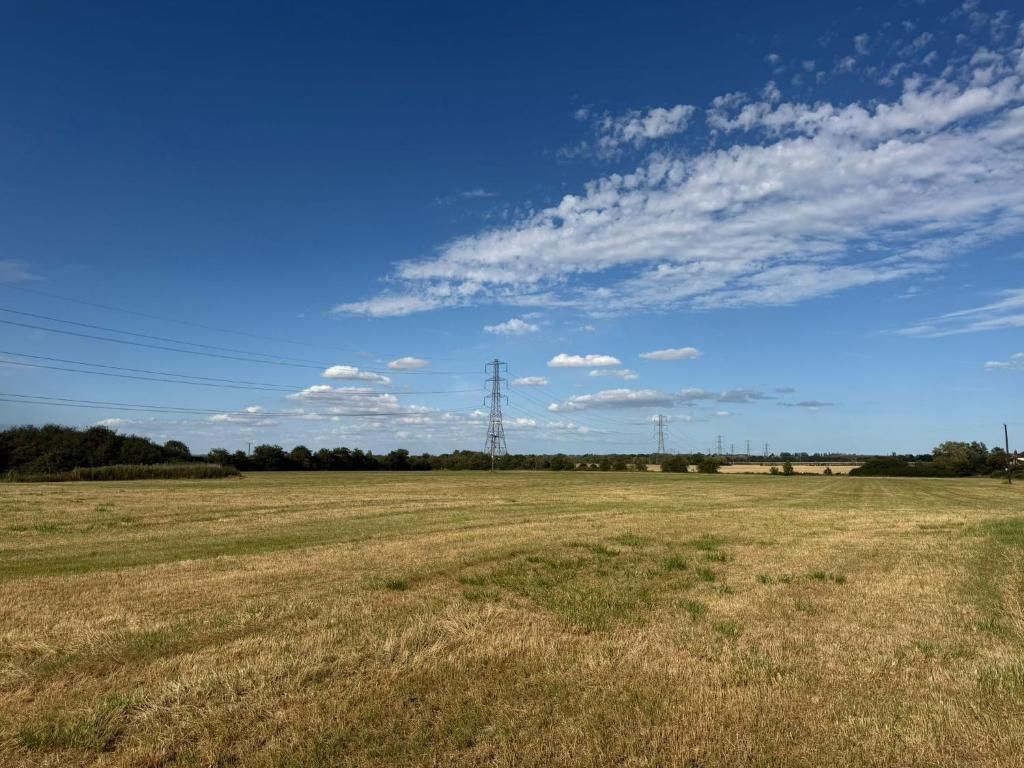 Un campo aperto e sconfinato, cielo sereno e linee elettriche in lontananza.