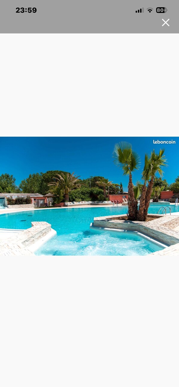 Ein Pool mit Palmen und blauem Himmel.