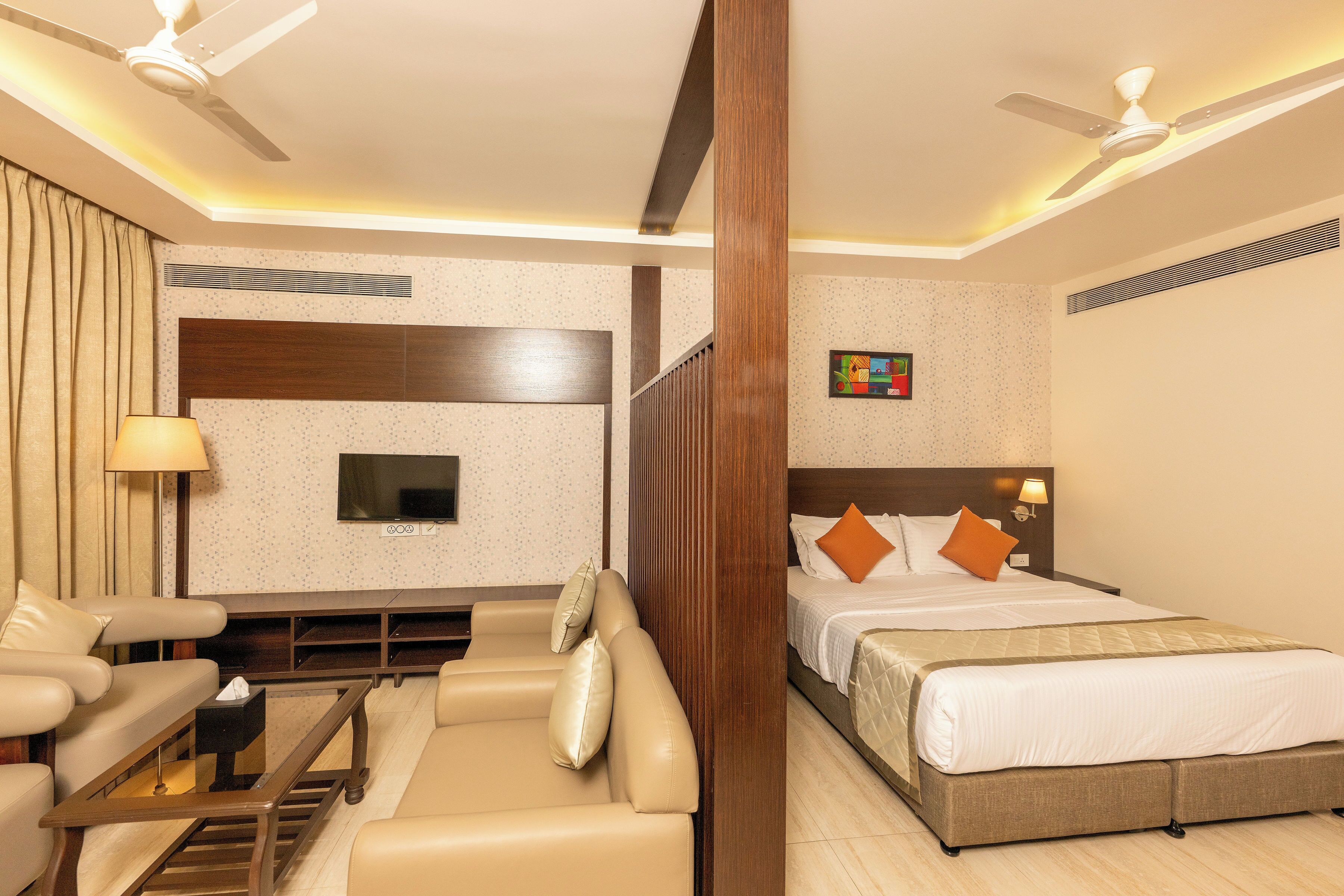 A hotel room with a bed, a sofa, a TV, a ceiling fan, and a window.