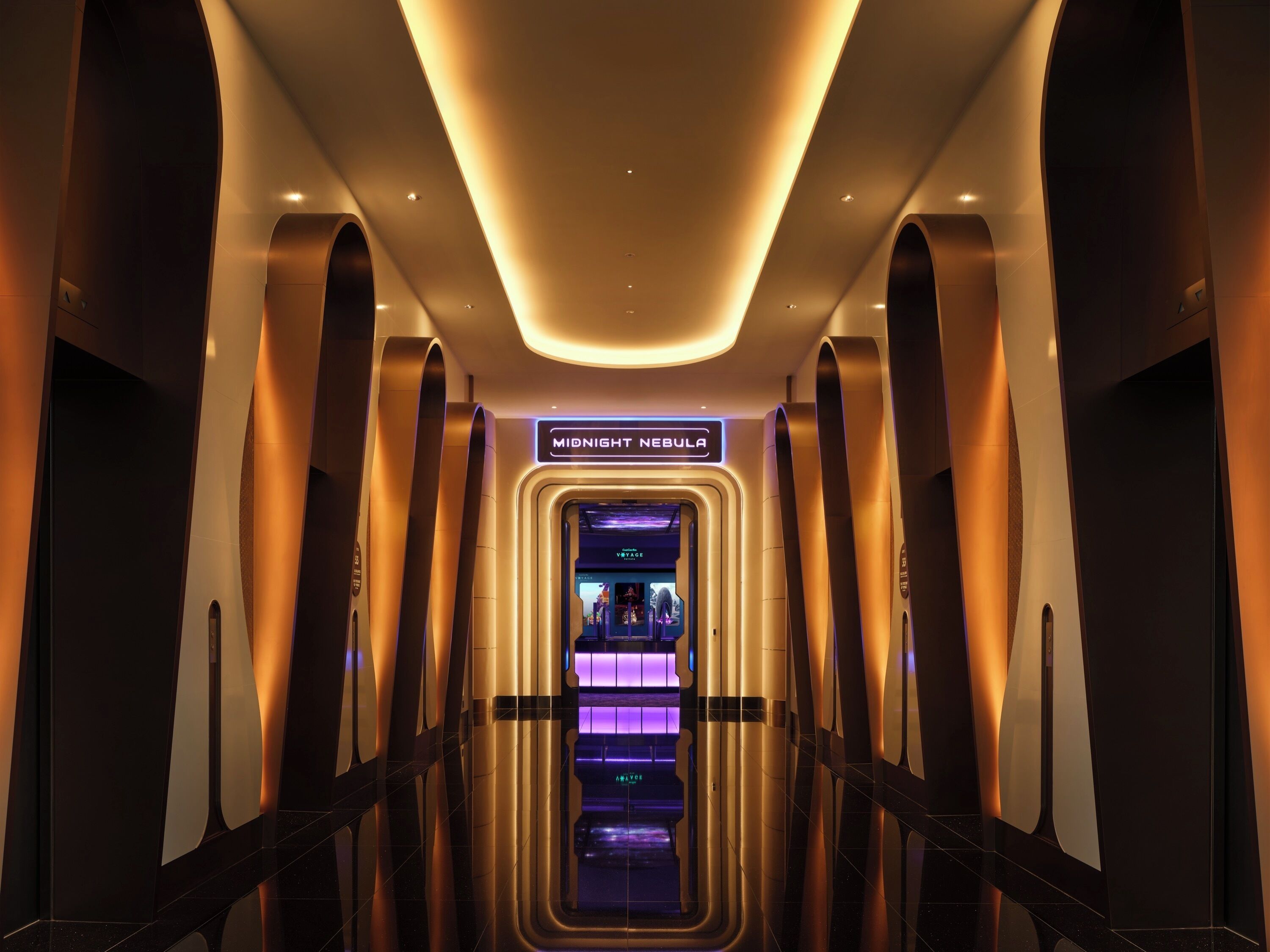 A modern elevator with a sign reading 'MIDNIGHT NEBULA' and a purple-lit interior.