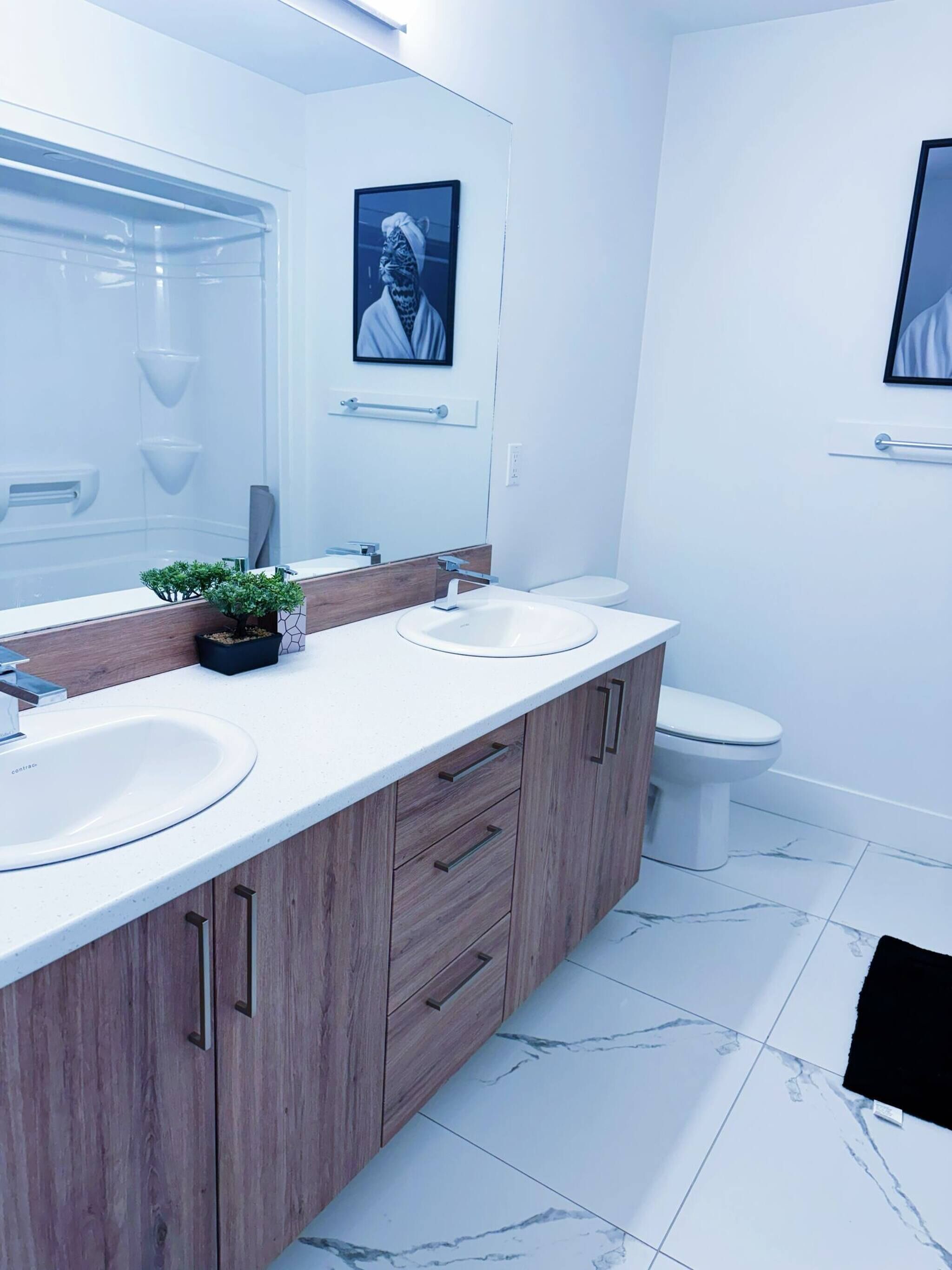 A modern bathroom with two sinks, a mirror, and a toilet.