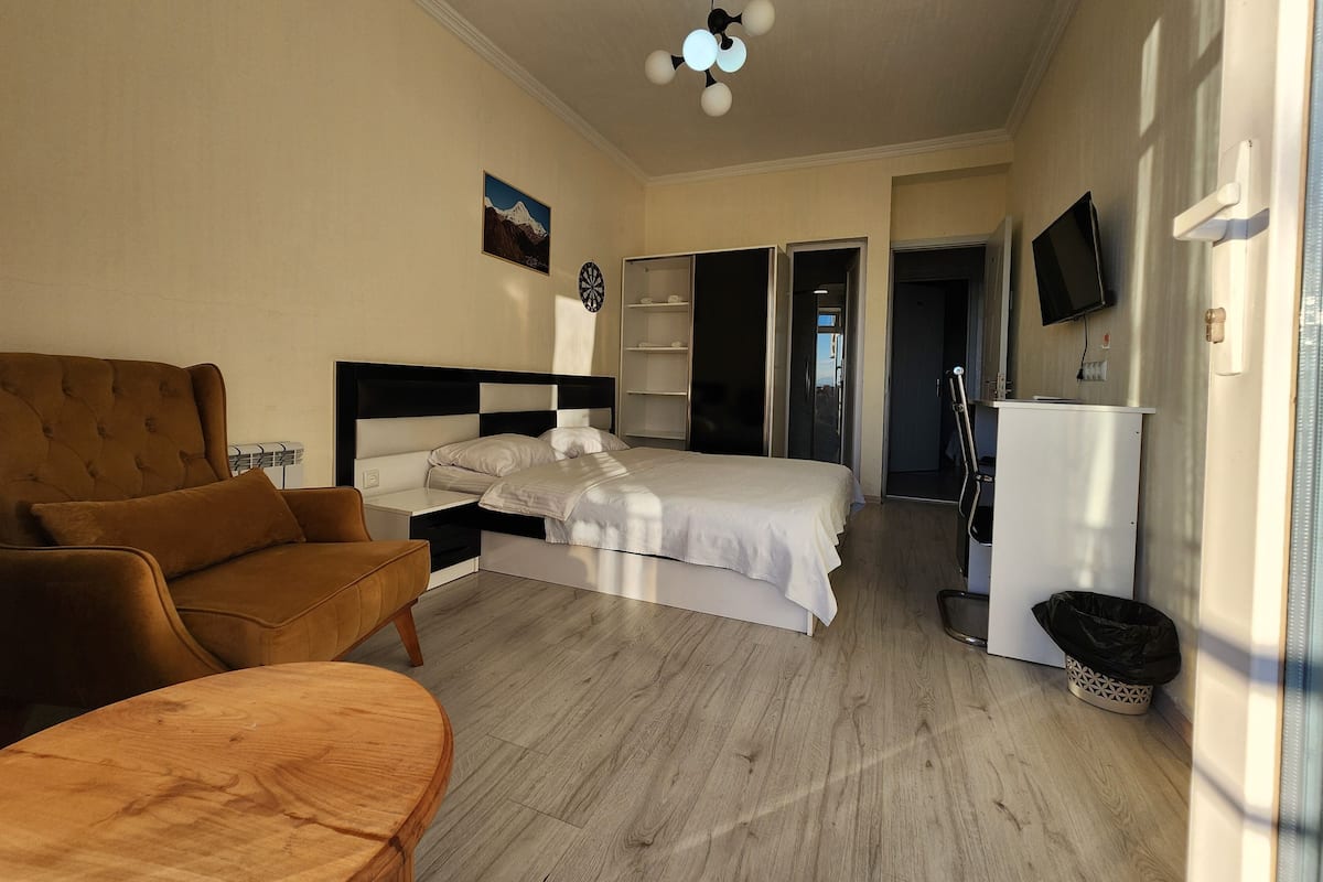 Ein Schlafzimmer mit Bett, einer Couch, einem Fernseher, einem Deckenventilator und einer Tür zu einem Badezimmer.