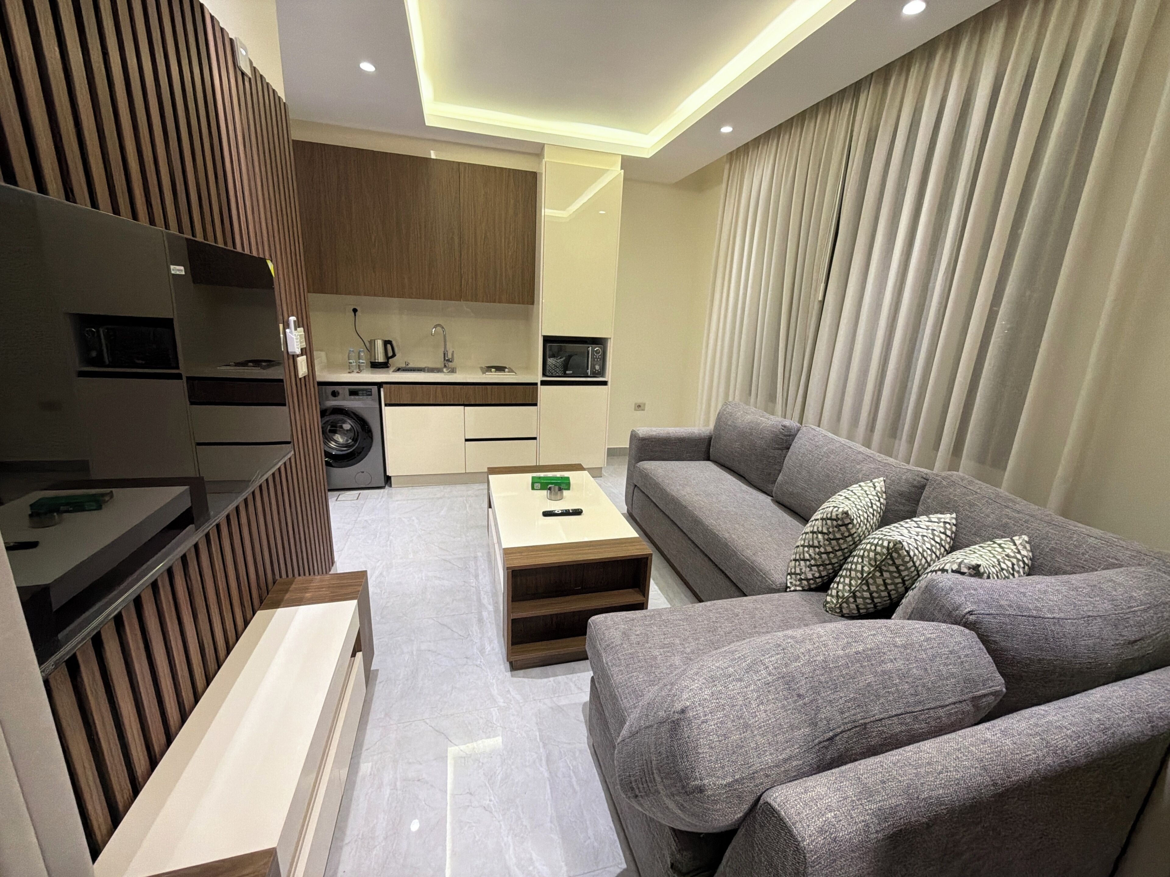 A modern living room with a grey sofa, a wooden accent wall, a kitchen area with a washing machine, and a dining table.
