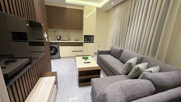 A modern living room with a grey sofa, a wooden accent wall, a kitchen area with a washing machine, and a dining table.