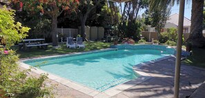 Una piscina con borde de azulejos, rodeada por un patio con suelo de piedra.