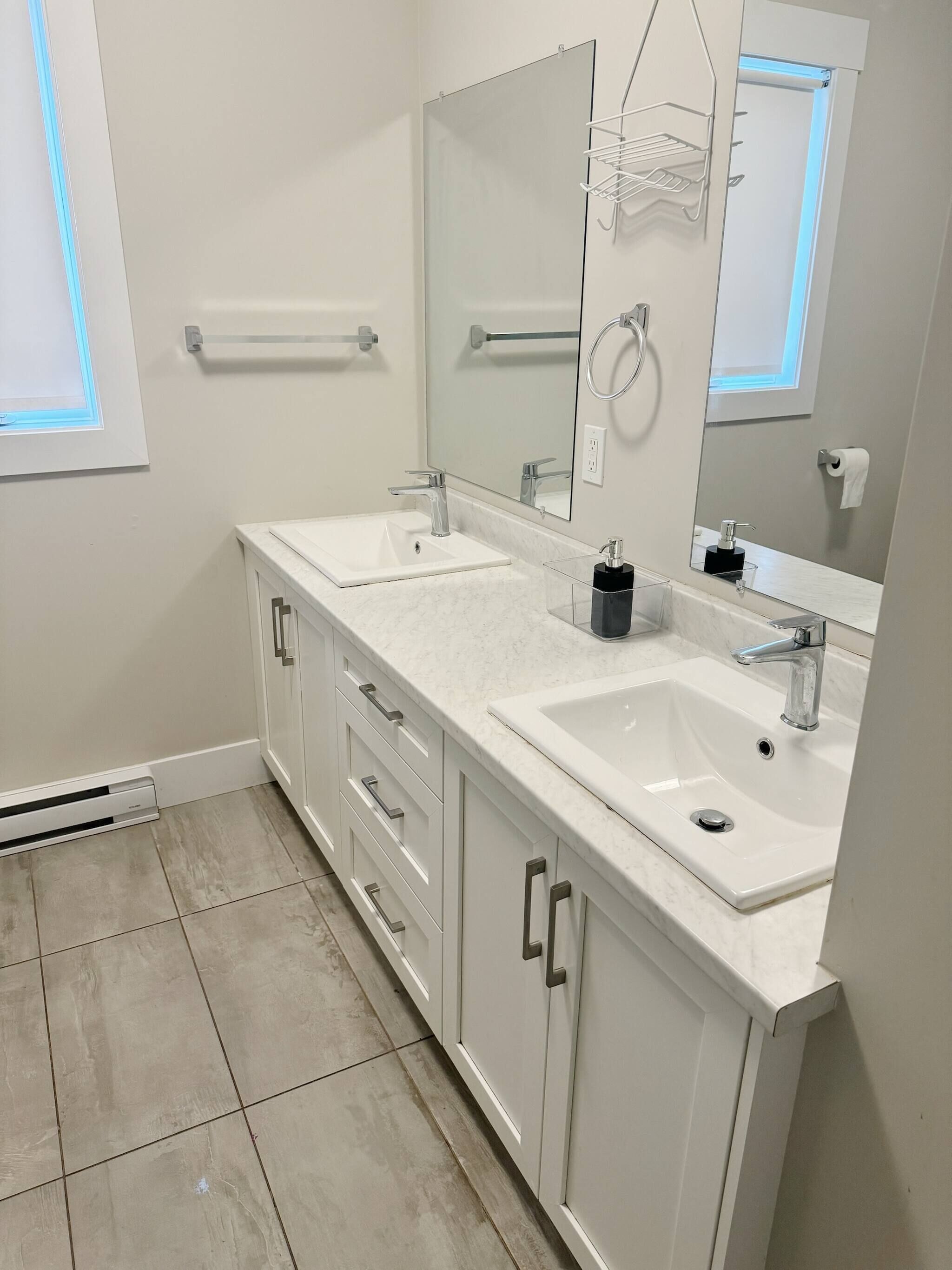 A modern bathroom with two sinks, a large mirror, and a towel rack.