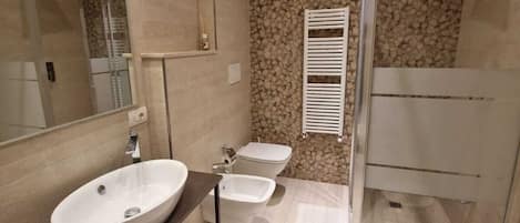 Shower, hair dryer, bidet, towels
