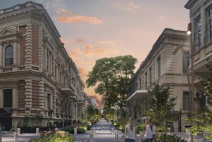 Een straat met historische gebouwen, een trottoir met bomen en een voetpad.