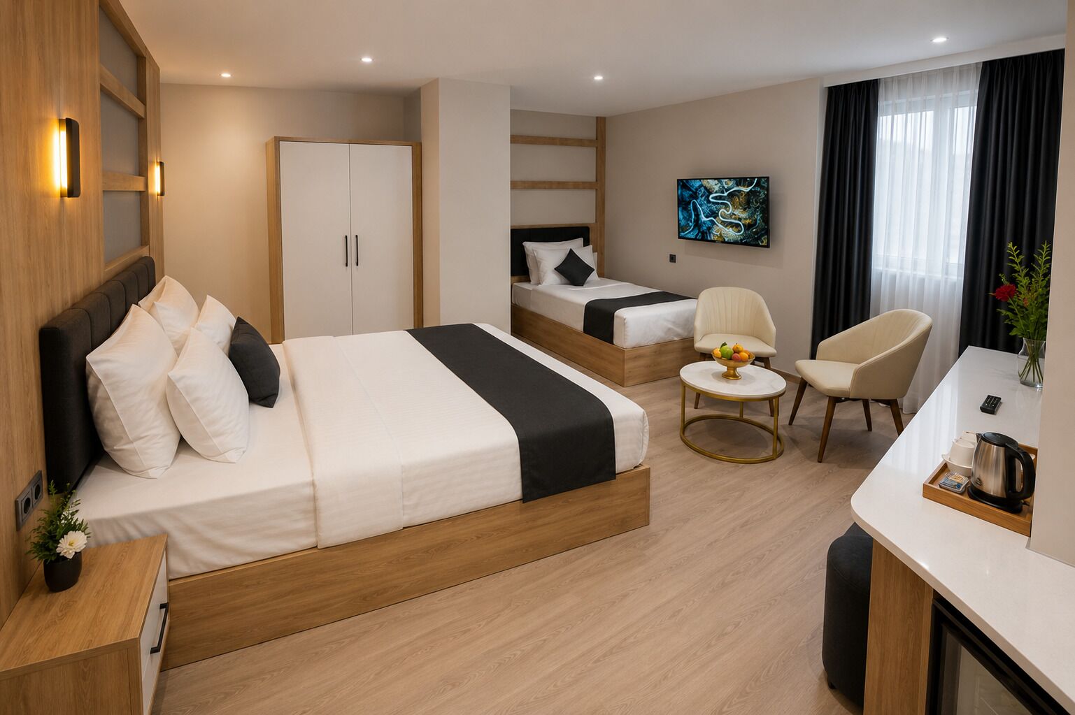 Quarto família, vista para a cidade | Cofres nos quartos, escrivaninha, Wi-Fi de cortesia