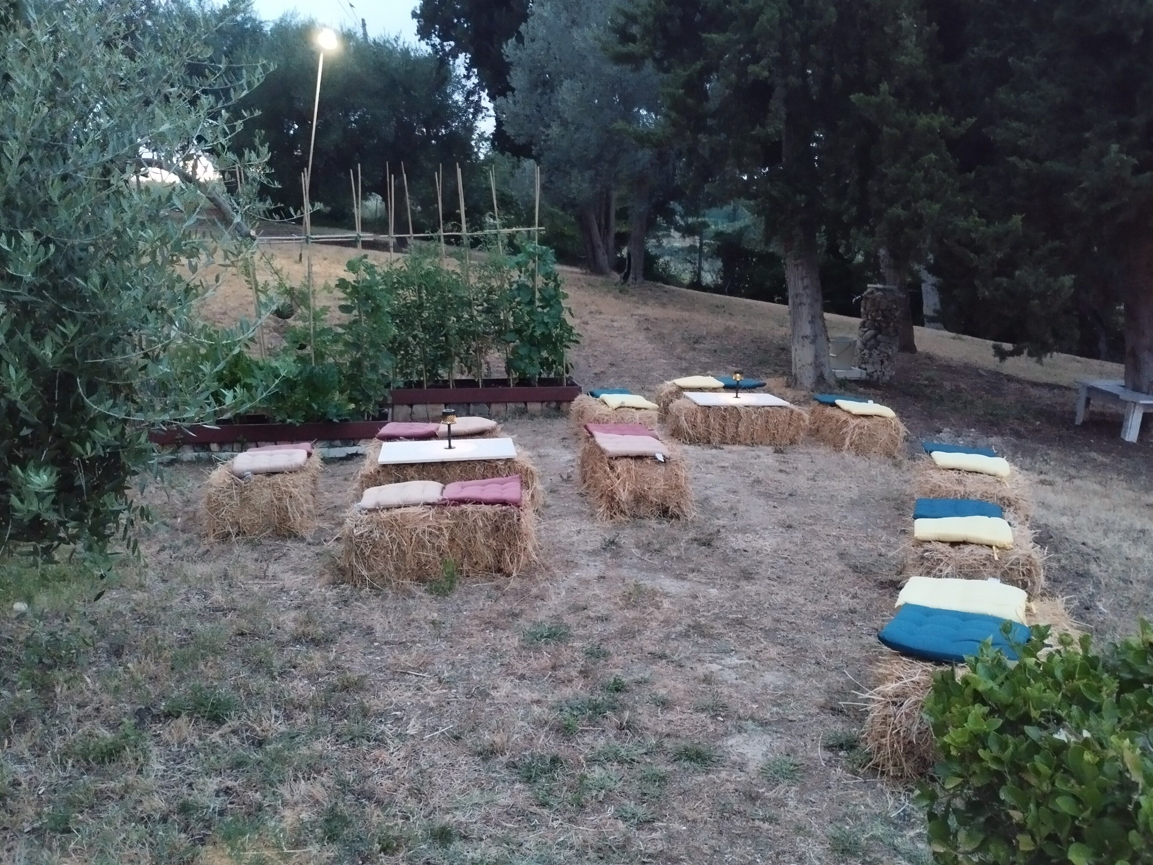 Un jardín con fardos de heno dispuestos en círculo, rodeado de árboles y un banco de madera.