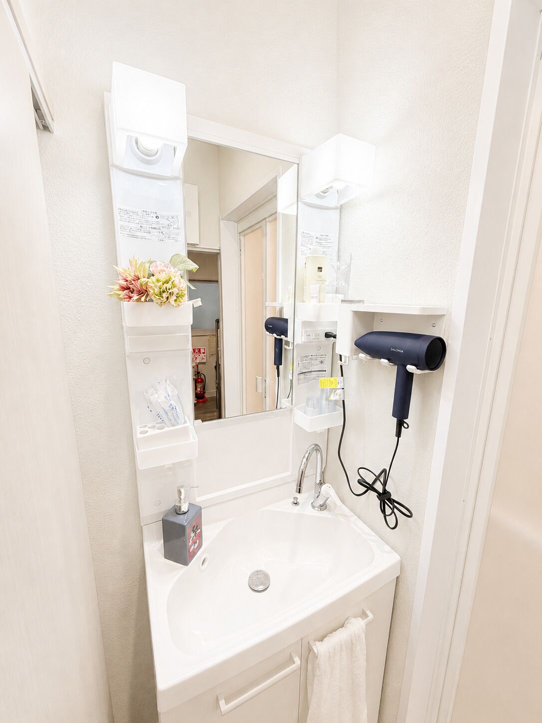 Hair dryer, bidet, towels, soap