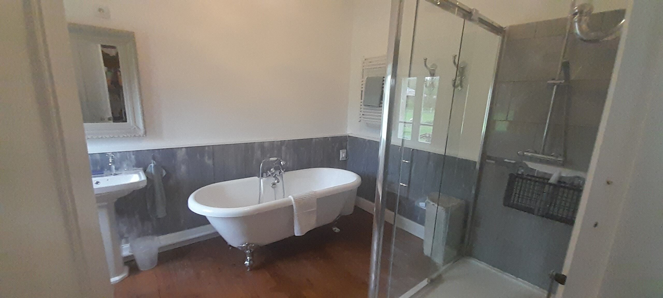 Een badkamer met een vrijstaand bad, een douche met glazen wanden en een wastafel.