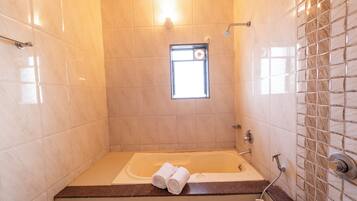 Shower, towels, soap, toilet paper
