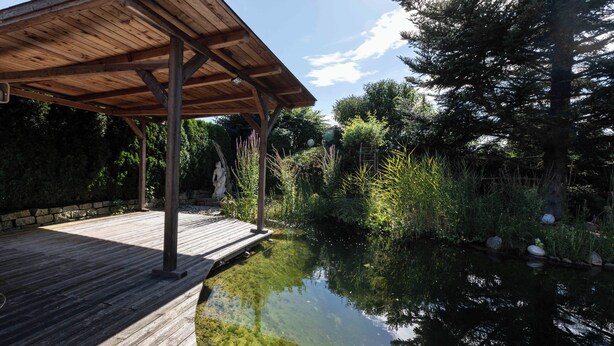 Un pontile in legno con una zona coperta, una superficie d'acqua tranquilla e vegetazione circostante.