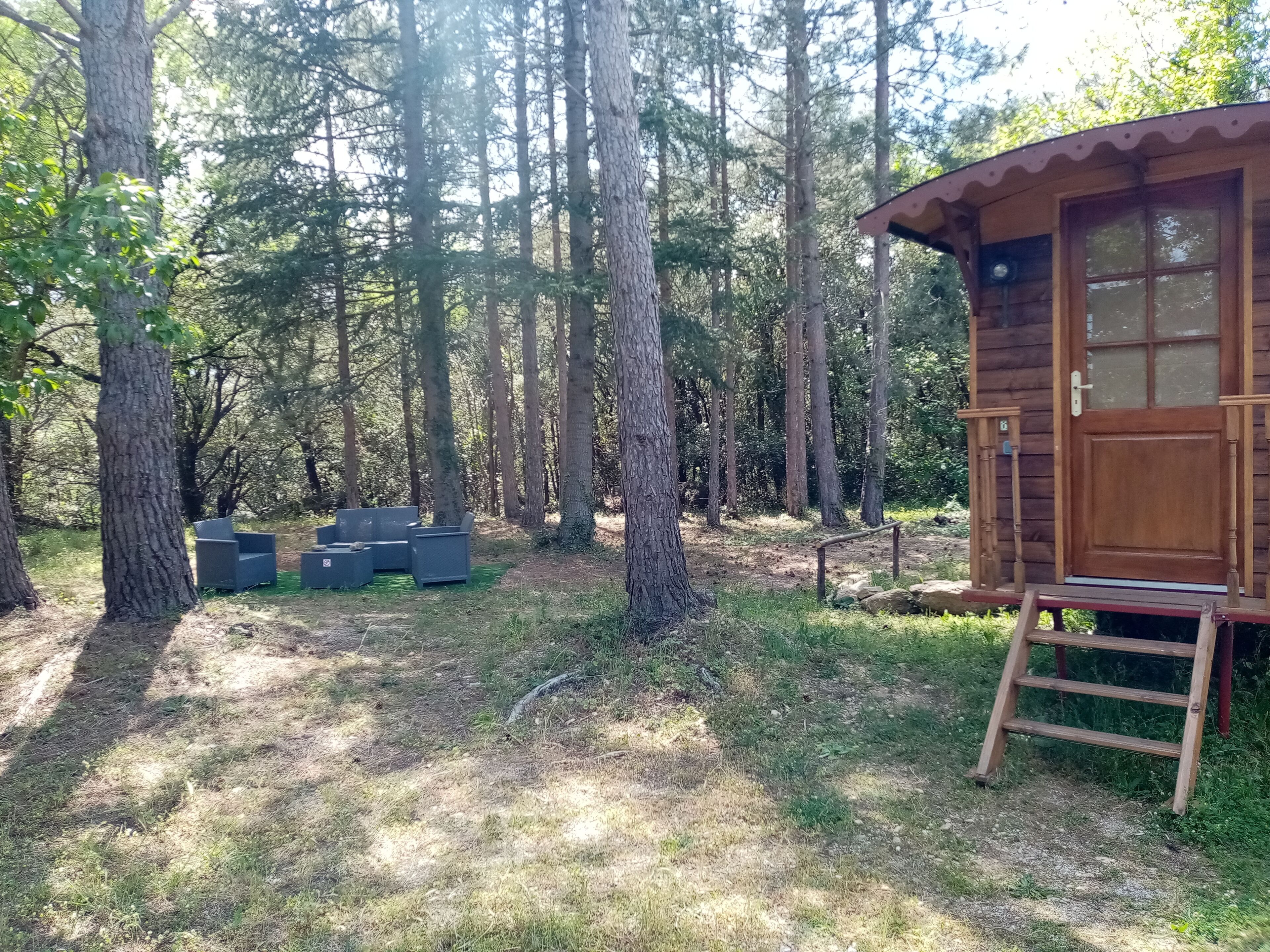 Een houten chalet met een veranda, omgeven door een bos.