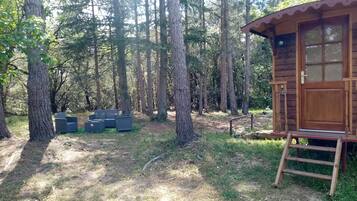 Een houten chalet met een veranda, omgeven door een bos.