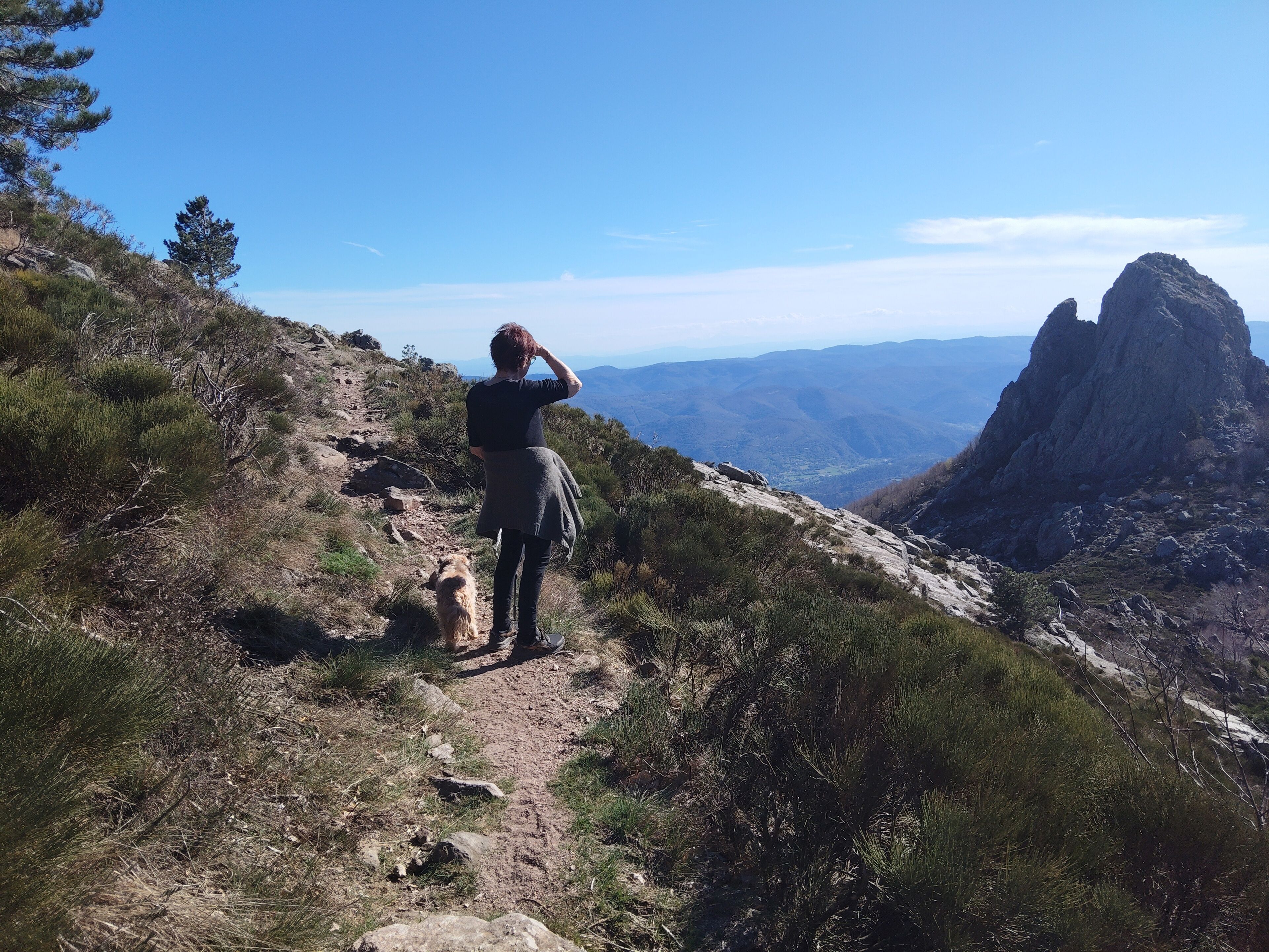 Une personne se tient sur un sentier de montagne, accompagnée d’un chien, et surplombe une vallée ainsi qu’une formation rocheuse remarquable.