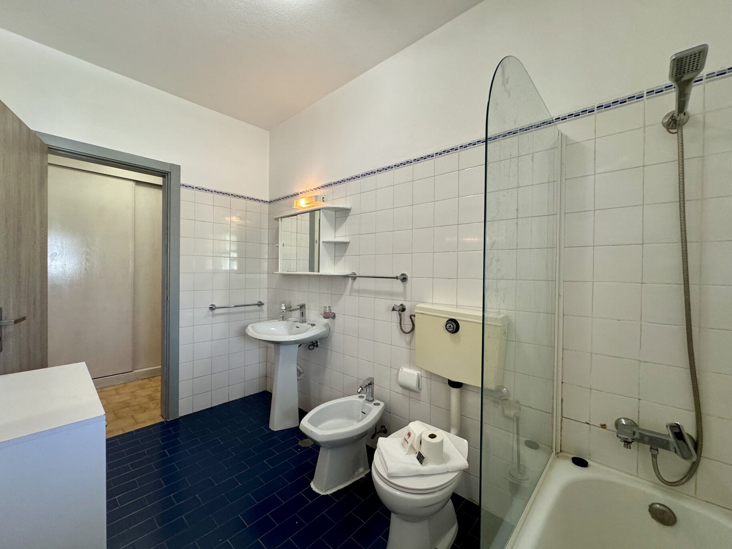 A bathroom with a toilet, bidet, sink, and shower.