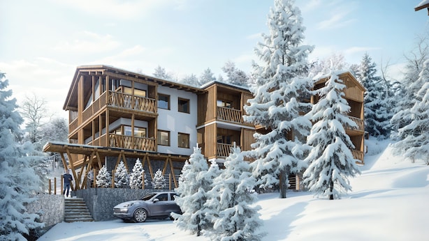 A multi-story wooden building with balconies, surrounded by snow-covered trees. - La Villa Exclusive Suites - Alta Badia - NEW LUXURY APARTMENTS (Badia)