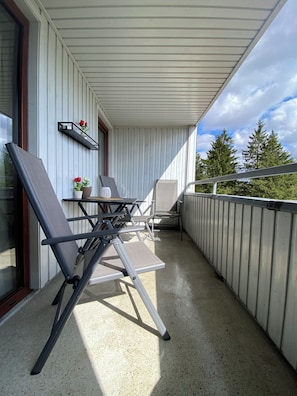 Ein überdachter Balkon mit Tisch, Stühlen und einem Blumentopf, mit Blick auf Bäume.