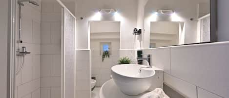 Hair dryer, bidet, towels, soap