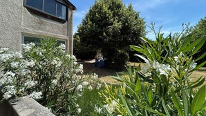 A residential building with a stone facade, a large tree in the backyard, and flowering plants. - Country House 2 apartments 15 kms from Vaison le Romaine facing Mont Ventoux, (Travaillan)