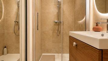 Hair dryer, towels, soap