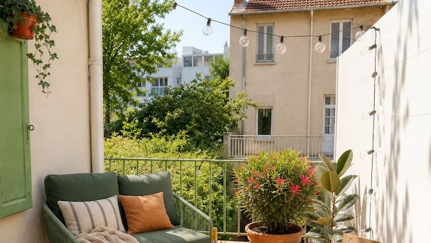 Eine gemütliche Terrasse mit einem grünen Sofa, einem Tisch mit Flasche und Gläsern, Blumentöpfen und einem Buch mit dem Titel 'PROVENCE'.