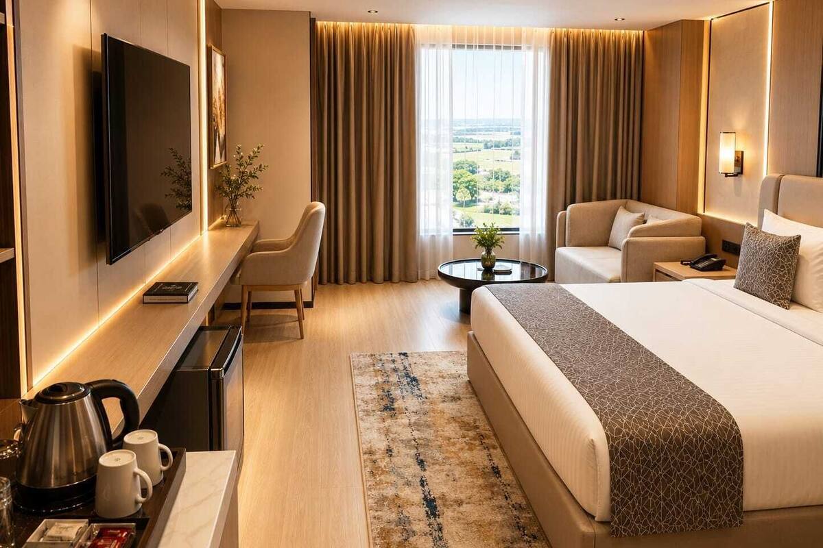A modern hotel room with a bed, a sofa, a TV, a coffee table, and a view of the outdoors.