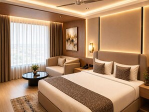 A modern hotel room with a large bed, a seating area, and a view of the city. - Euro Hotel (Patancheruvu)
