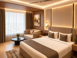 Una habitación de hotel moderna con una cama grande, una zona de estar y vistas a la ciudad.