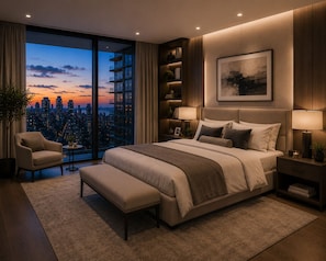 Un dormitorio moderno con una cama grande, un área de descanso, una mesita de noche y vistas a un paisaje urbano al anochecer.