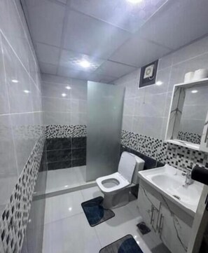 A bathroom with a toilet, sink, and shower. - LAVRA lUXURY CAMP (Aqaba)