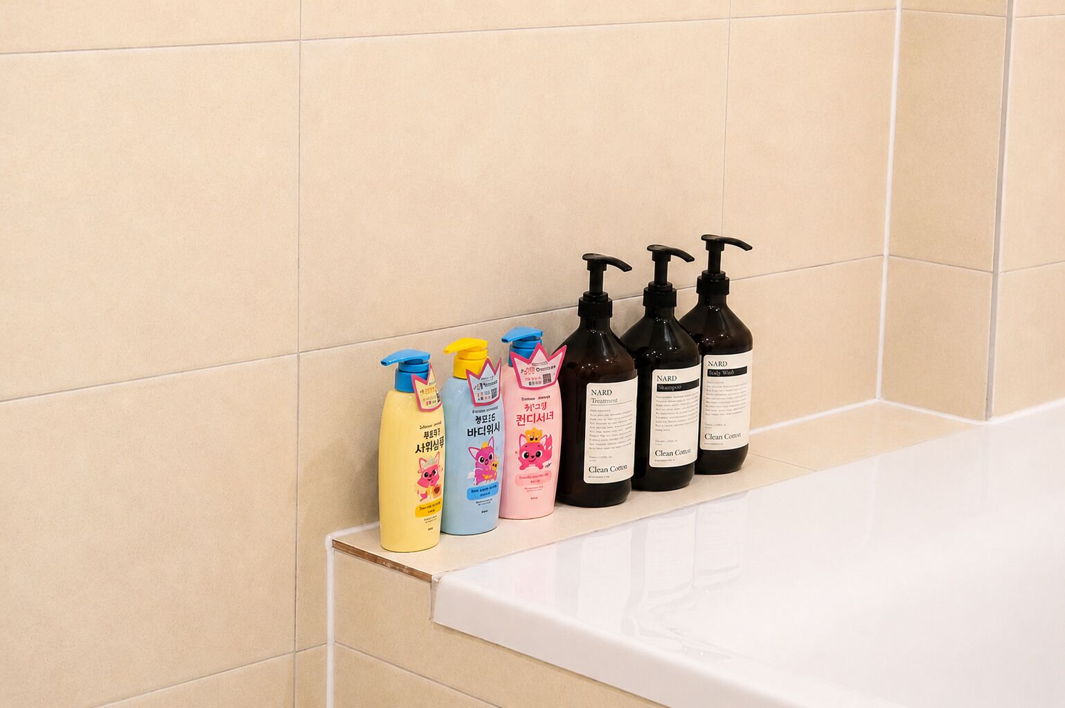 A bathroom with a shelf holding various toiletries.