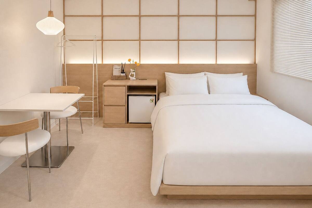 A modern hotel room with a bed, bedside table, desk, and chair.