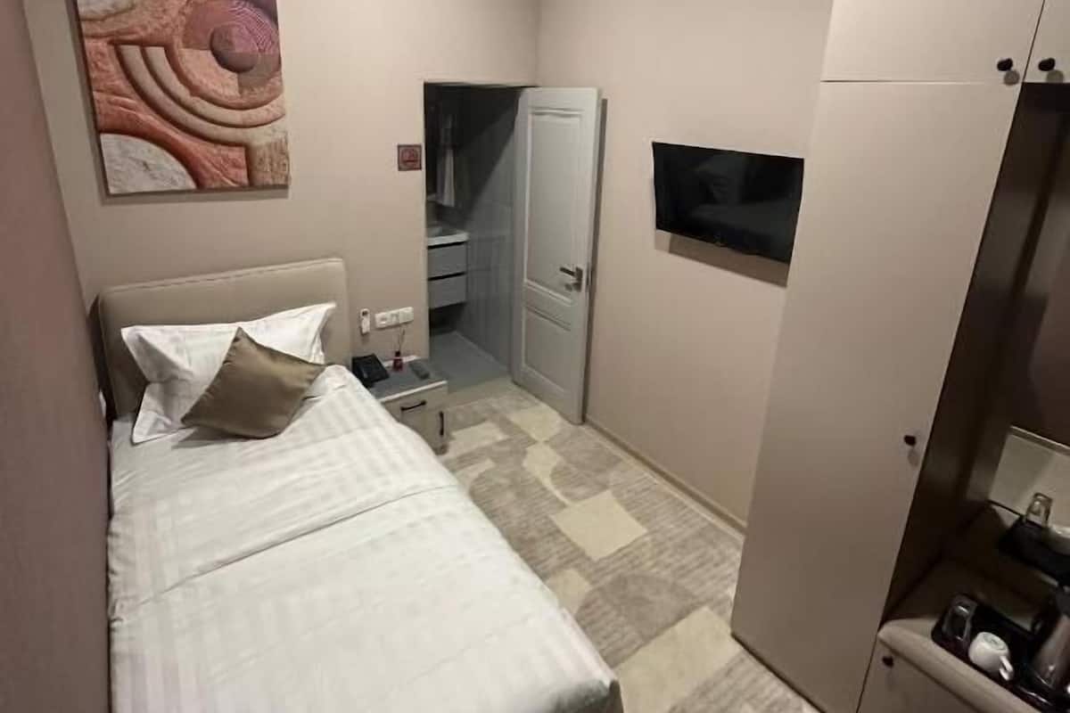 A hotel room with a bed, a desk, a wardrobe, a television, and a mirror.