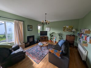 Een woonkamer met een open haard, bank, salontafel en een boekenkast.
