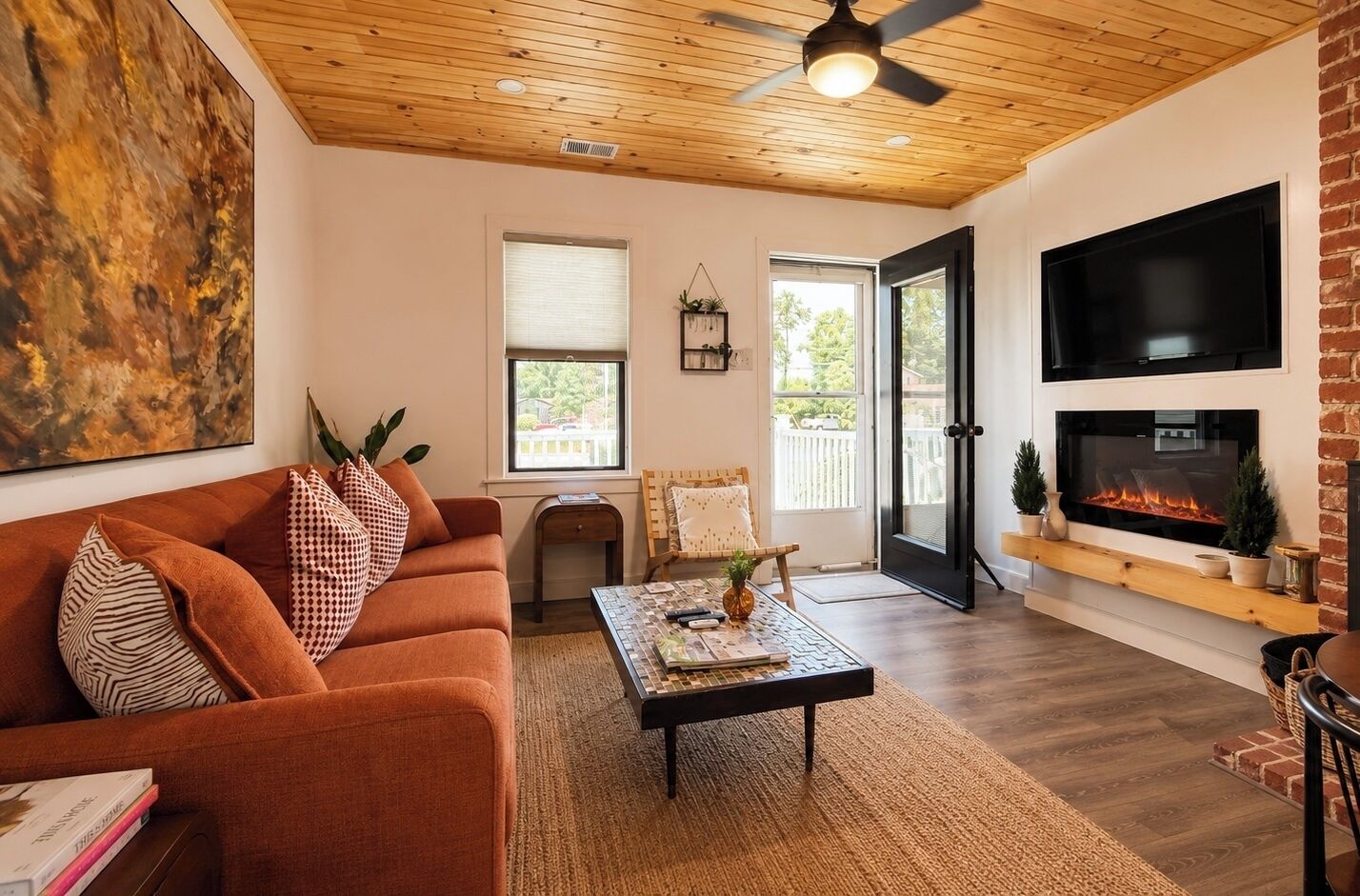 Smart TV, fireplace, books