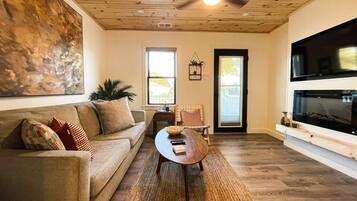Smart TV, chimenea y libros
