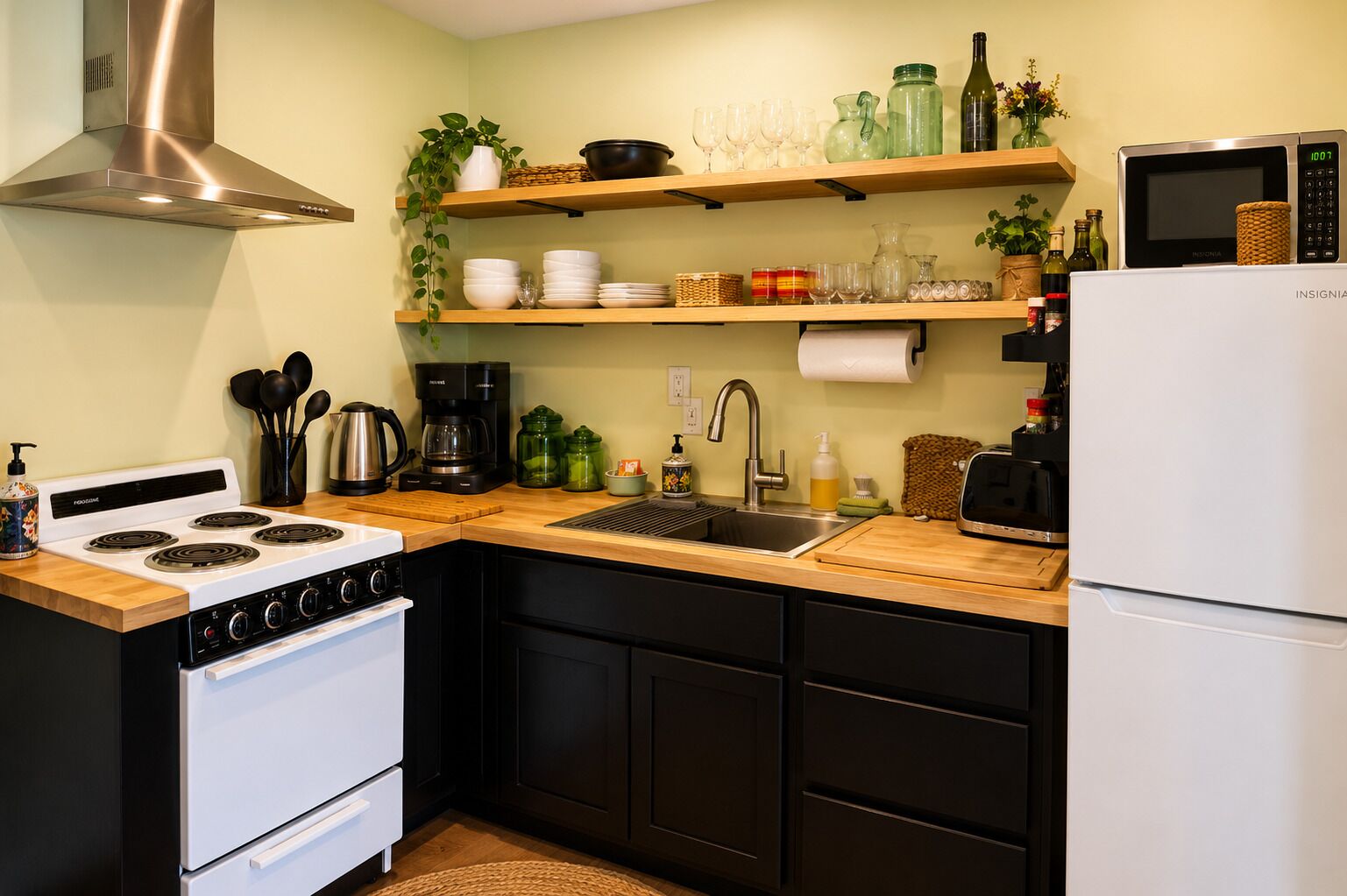 Coffee/tea maker, fridge, microwave, oven