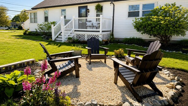Ein Haus mit Veranda, Gartenmöbeln und einem gepflegten Garten.