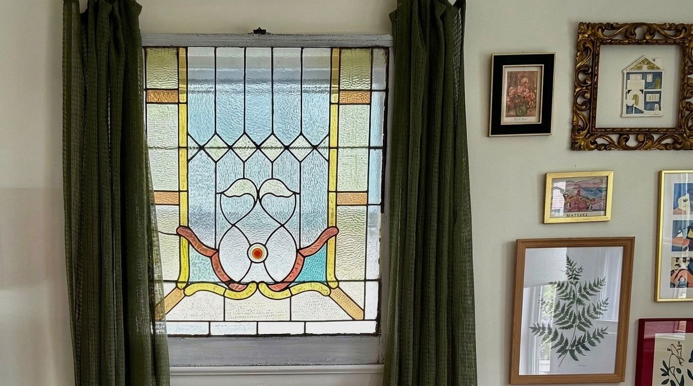 Une pièce avec un vitrail, une estampe botanique encadrée et un cadre photo fixé au mur.