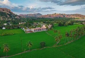 Un edificio grande con varios pisos, rodeado de campos verdes y palmeras.
