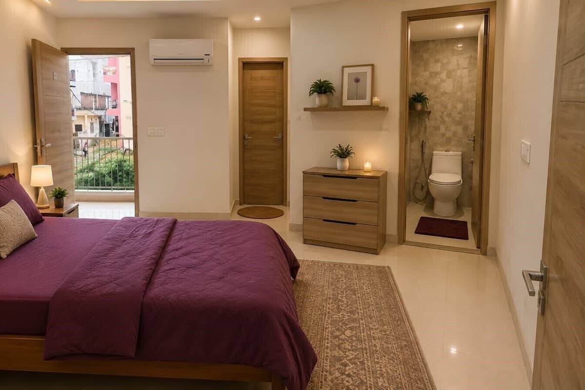 A bedroom with a bed, bedside table, nightstand, dresser, and a bathroom with a toilet and shower.
