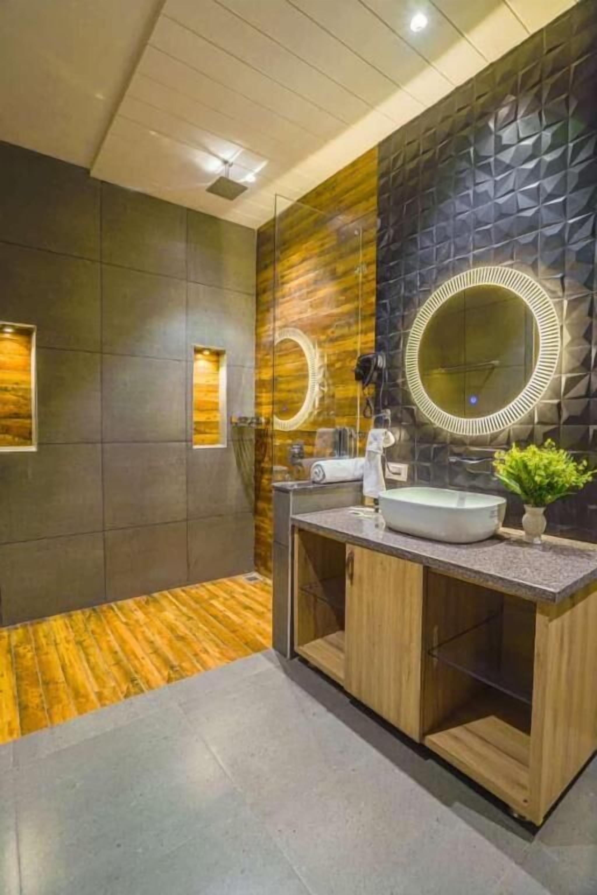 Shower, hair dryer, slippers, towels