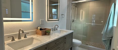 Hair dryer, towels, soap, toilet paper