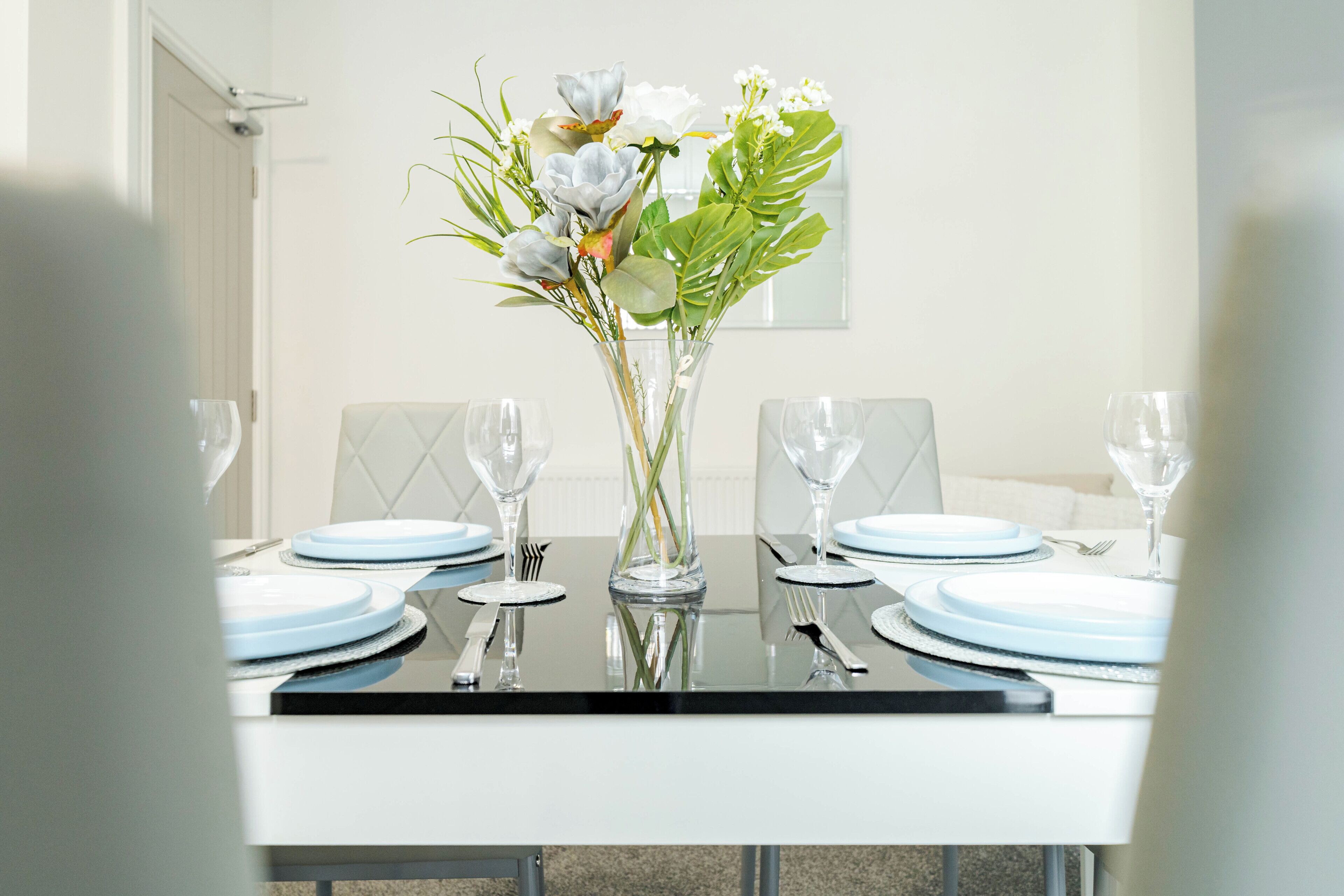 Close view of dinning table with marble top