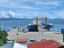 Un buque de carga atracado en un puerto con vista despejada al mar y montañas distantes.